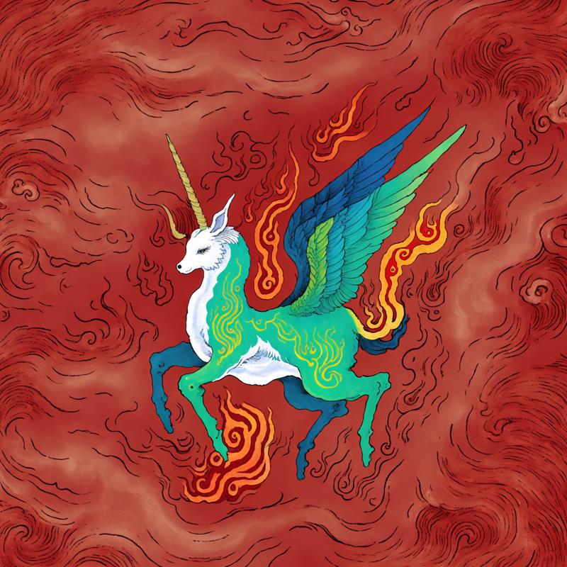 40501-2217311981-Chinese mythology, A unicorn with fire like hair, white clouds.png